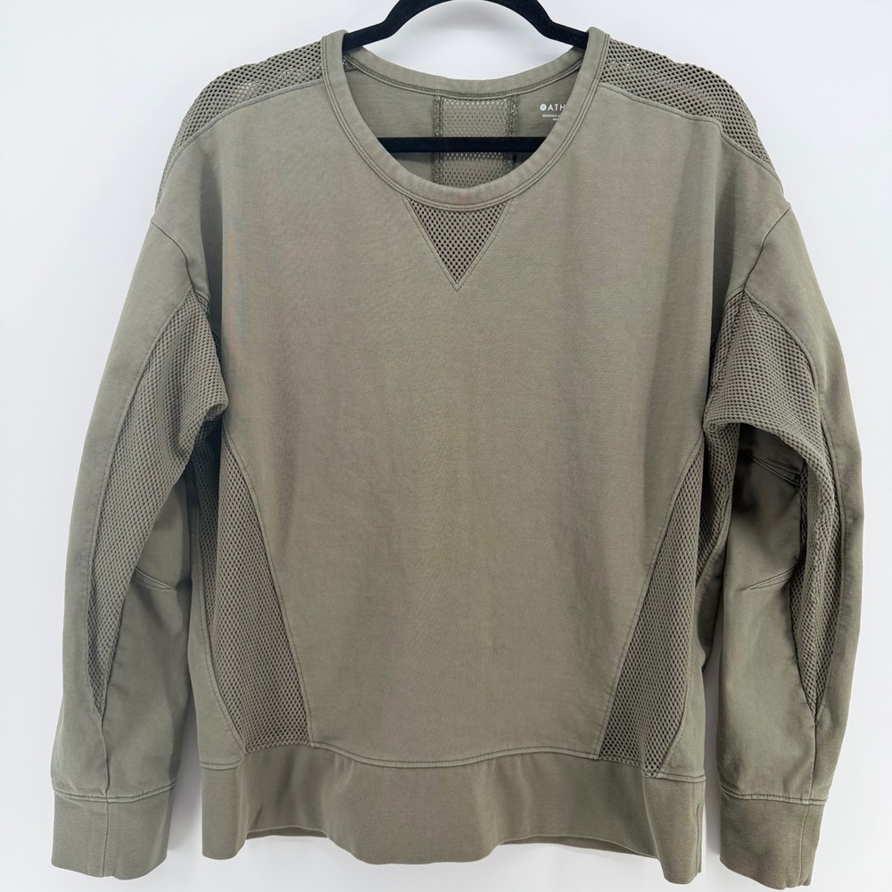 Athleta Olive Mesh Panel Cotton Sweatshirt Pullover Athleisure Top L